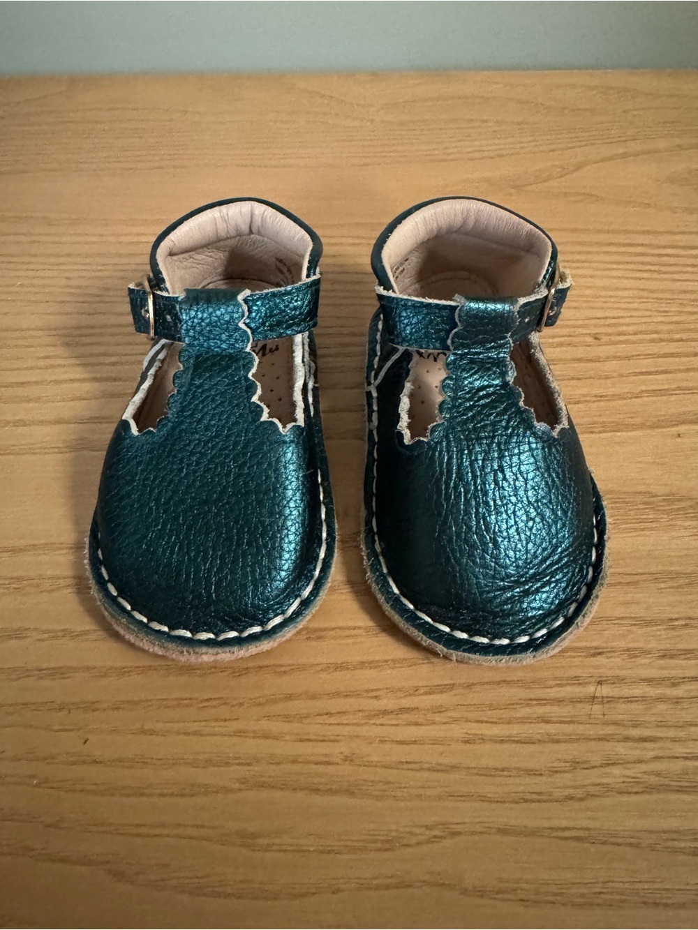 Monkey Feet Teal Metallic Leather Scalloped T-Strap Mary Janes 6-12M